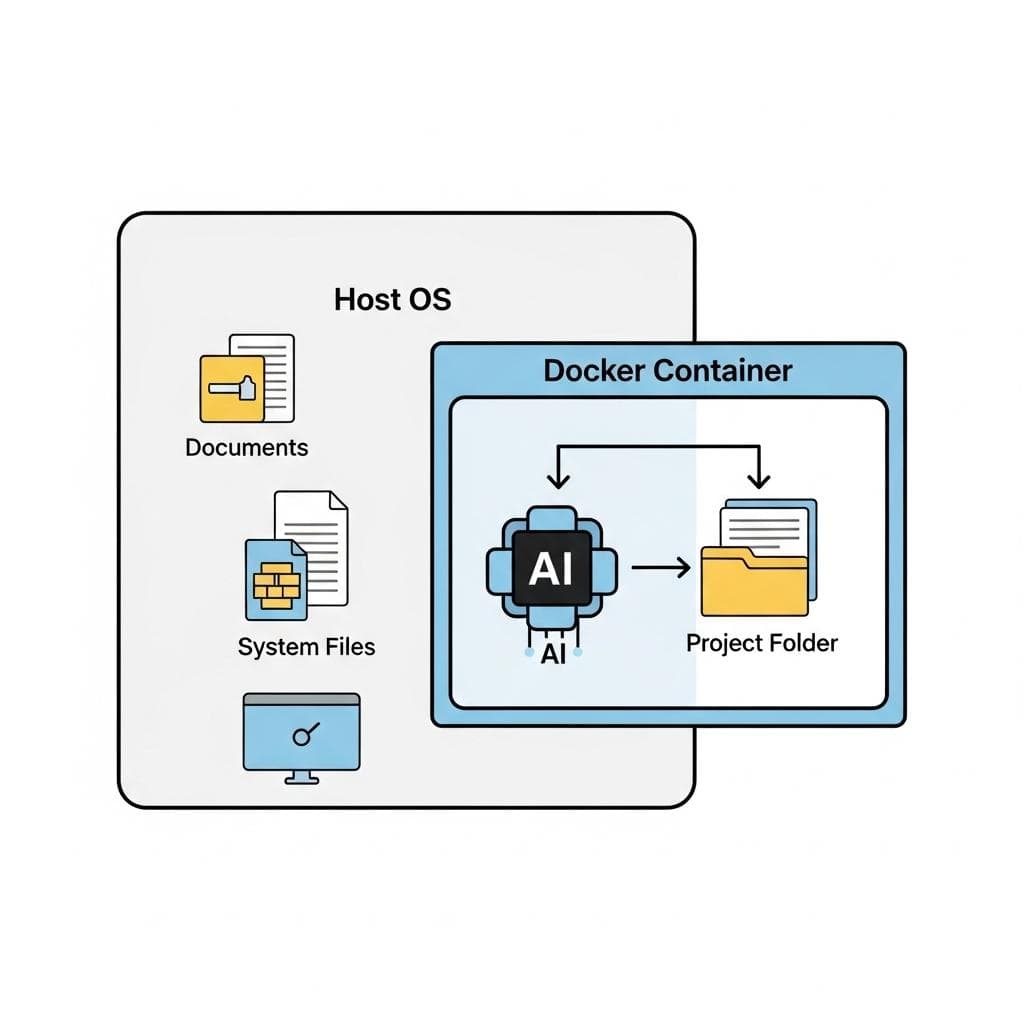 A simple diagram illustrating a Docker container as a secure sandbox, with an AI tool running inside, separated by a thick wall from the host operating system and other files.
