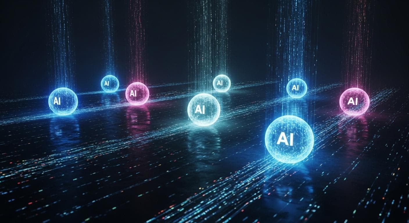 A cinematic visualization of multiple AI agents as glowing orbs of light, working in parallel inside a digital network, representing the advanced capabilities of modern AI tools.