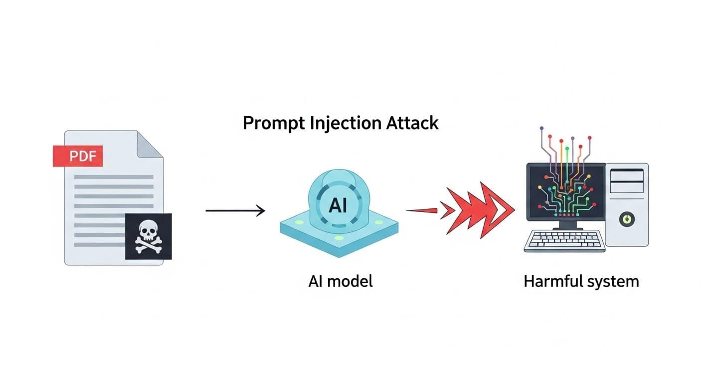 A diagram showing a malicious command hidden inside a document icon, which is fed into an AI model, resulting in a red danger arrow pointing to a computer system, illustrating a prompt injection attack.