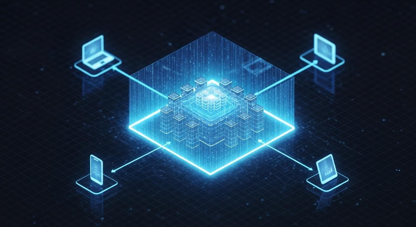 A futuristic diagram illustrating Zero Trust Network Access, with individual authenticated connections from devices to specific applications, protected by a secure barrier.