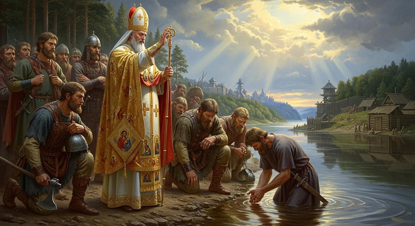 A powerful scene depicting the baptism of Kievan Rus' envoys by Byzantine priests in ornate robes on the banks of the Dnieper River, with early Slavic architecture in the background.
