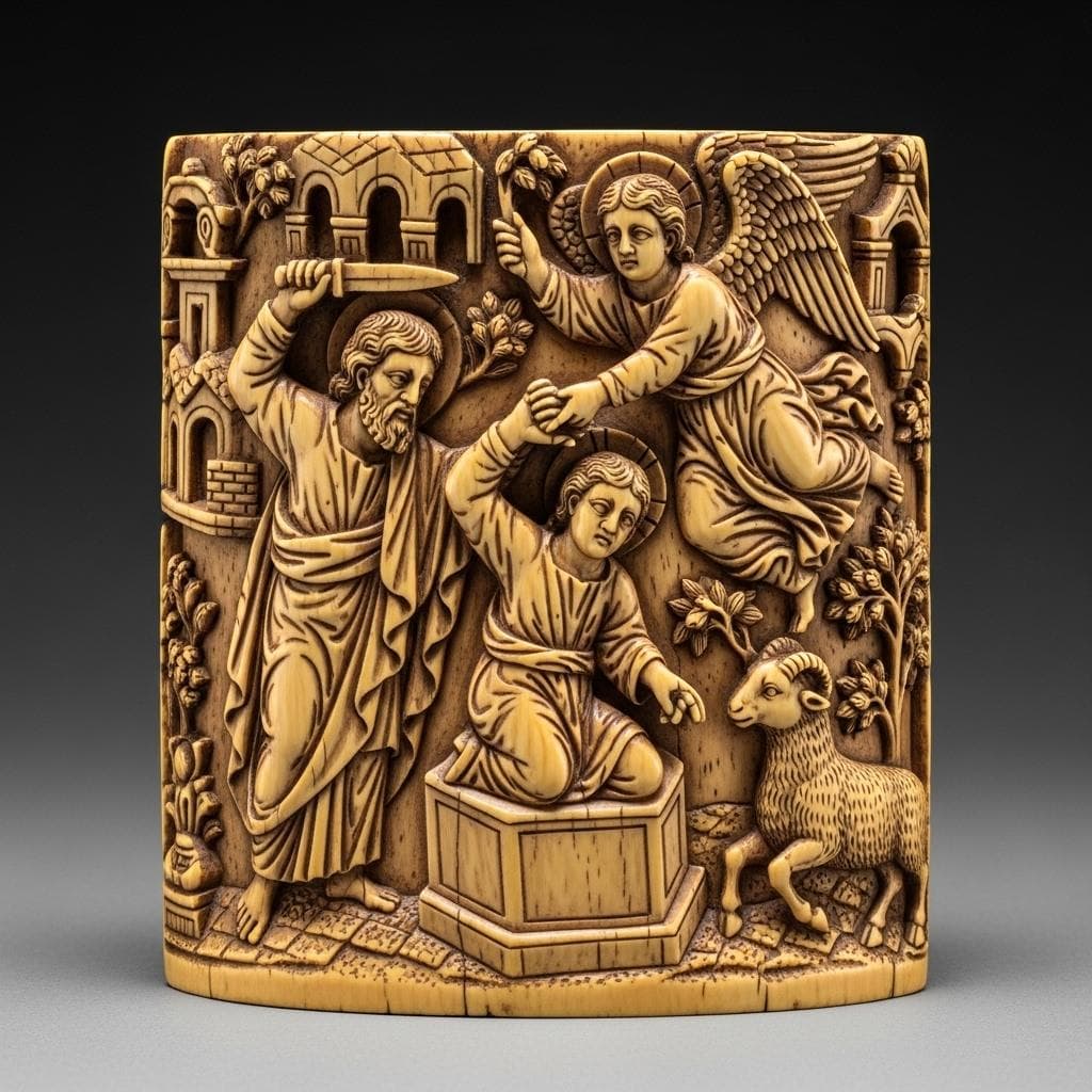 A close-up photograph of a masterfully detailed Byzantine ivory carving from the 10th century, showing a complex religious scene with delicate figures and classical motifs.