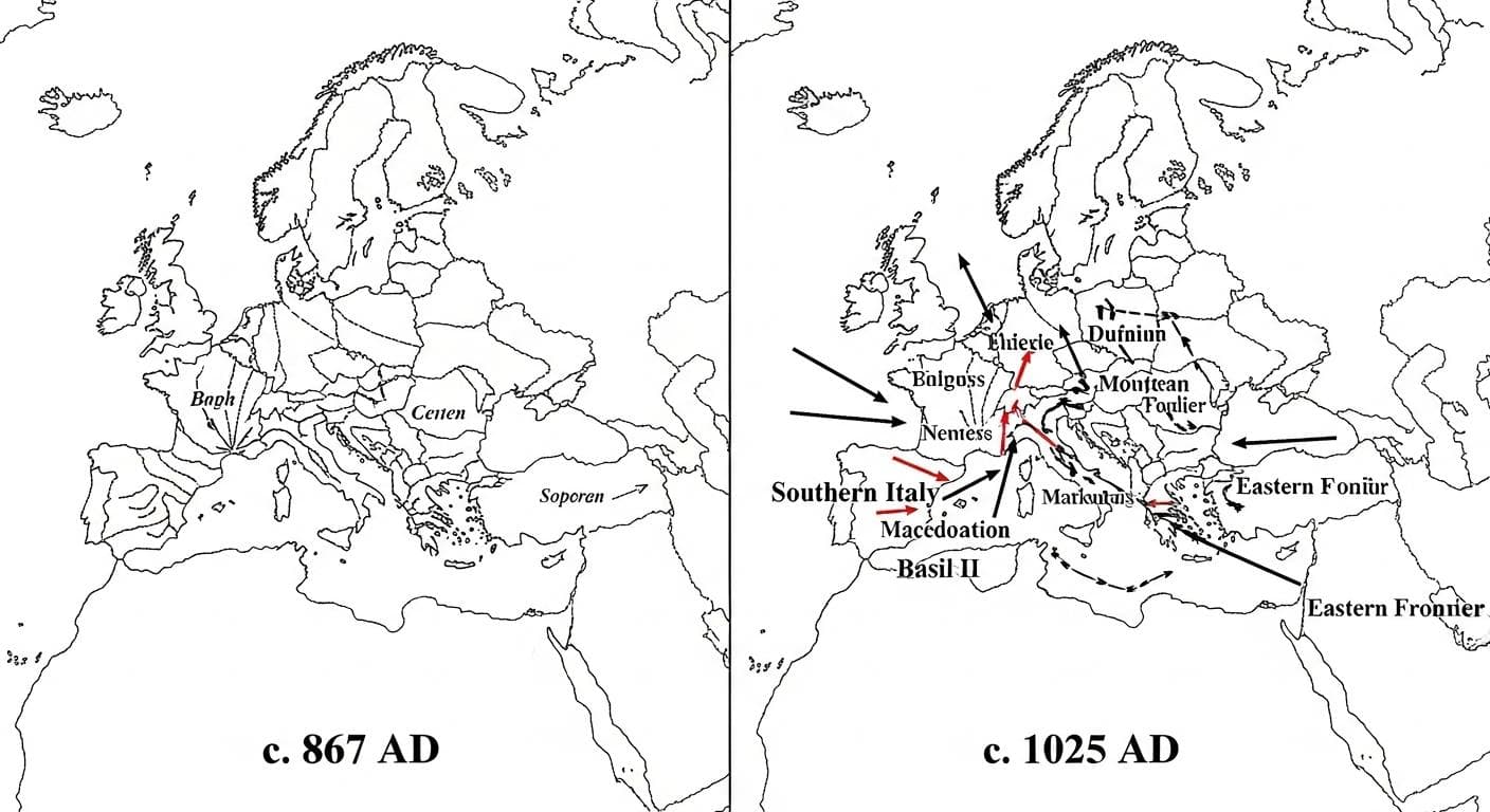 A conceptual map comparing the smaller Byzantine Empire before the Macedonian Dynasty with its greatest extent under Basil II, showing dramatic territorial expansion in the Balkans and the East.