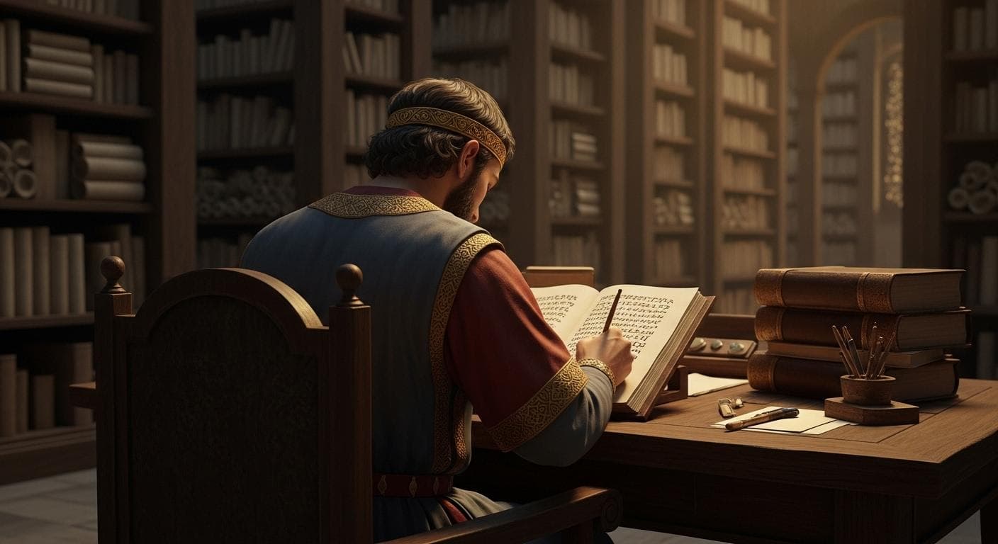 A conceptual painting of a thoughtful Byzantine scholar-emperor, seen from behind in a vast library, meticulously preserving ancient Greek scrolls and texts.