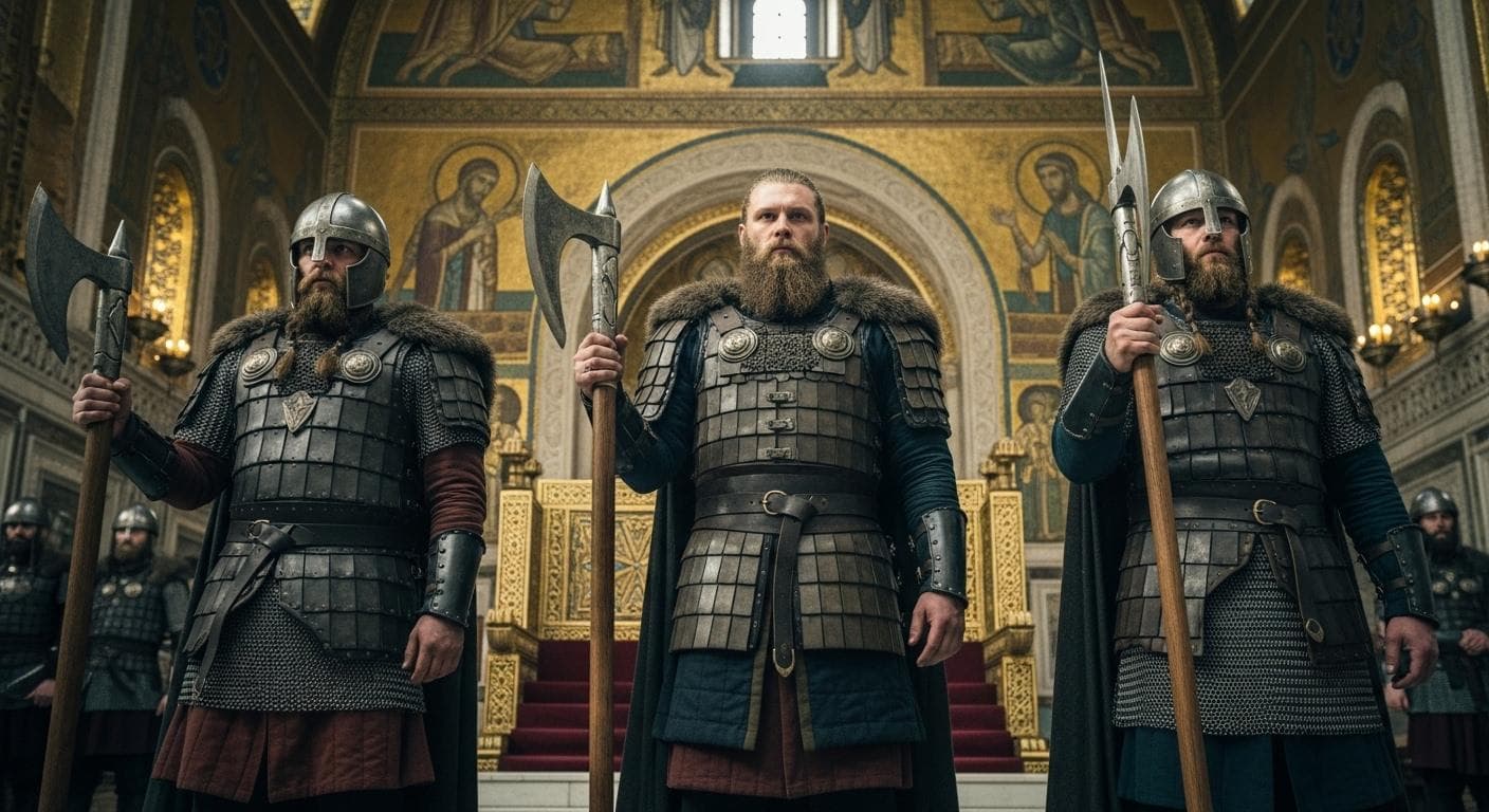 A cinematic view of the formidable Varangian Guard, towering Norsemen with massive Danish battle-axes, standing vigil in the golden, opulent throne room of Constantinople.