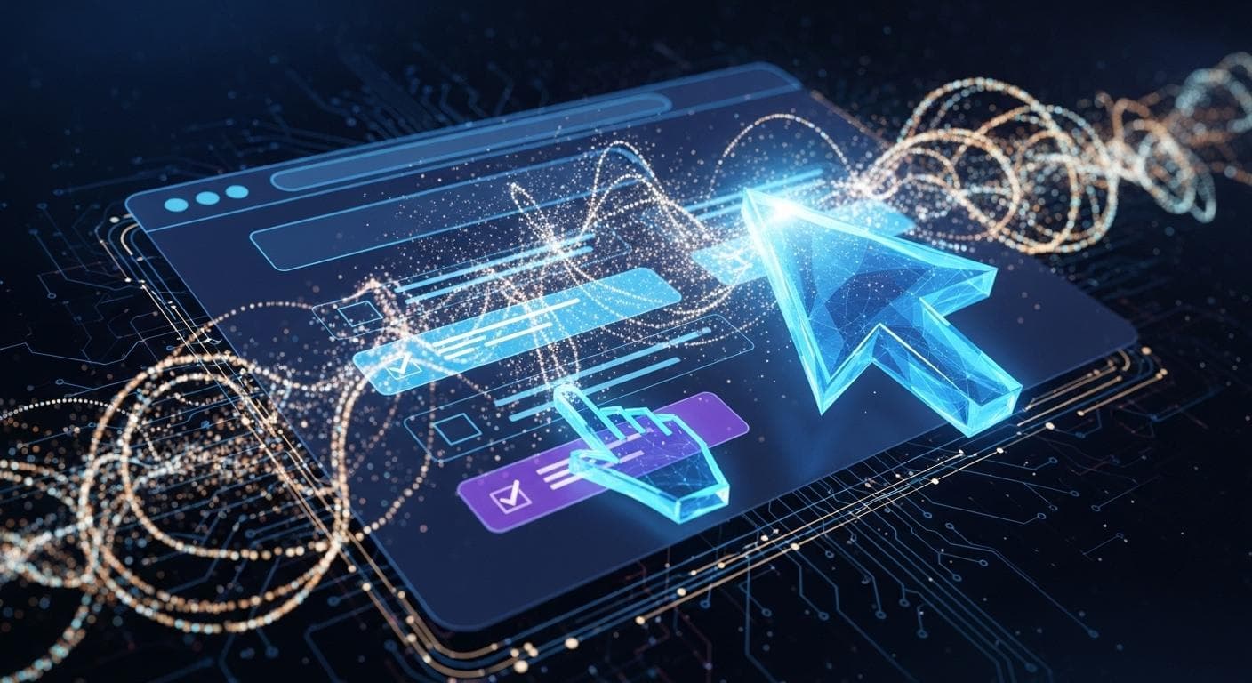 An abstract, artistic rendering of code generation and automated testing, with streams of light representing data flows and a glowing blue cursor autonomously interacting with a web application interface.