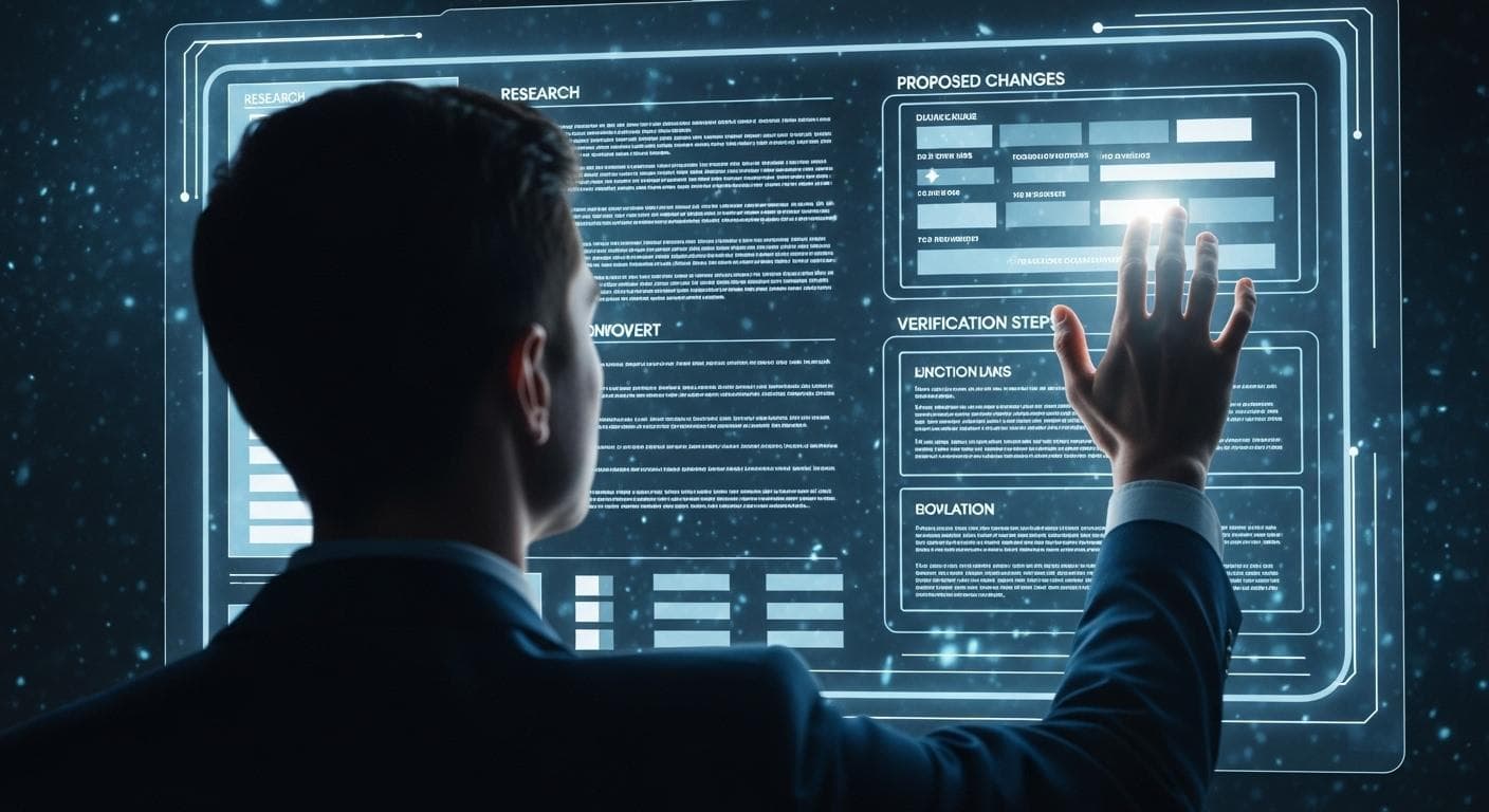A conceptual image of a software developer thoughtfully reviewing a complex technical plan on a futuristic, transparent screen, representing the review of an AI-generated Implementation Plan.