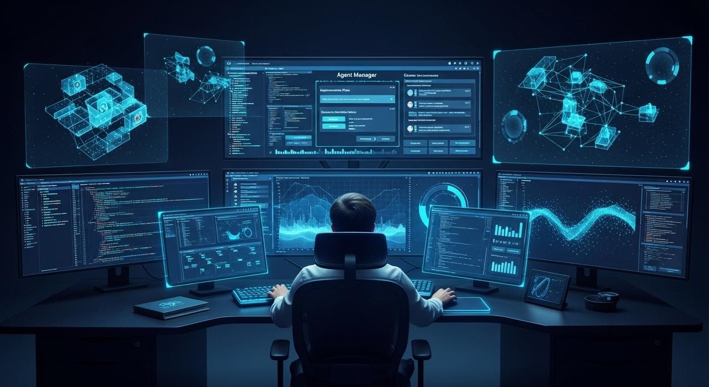 A futuristic developer command center with multiple glowing screens, each showing a different Anti-Gravity project. The developer is overseeing several AI agents working in parallel, managed through a central inbox.