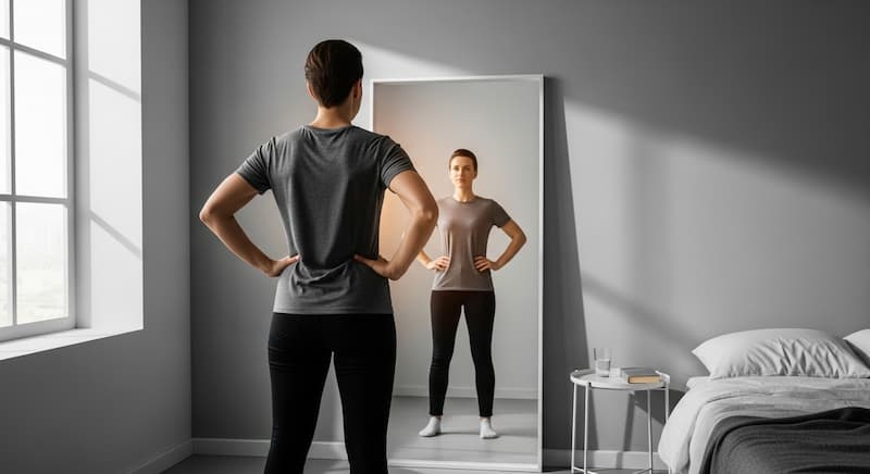A person looking confidently into a mirror, their reflection showing an even more empowered and successful version of themselves.