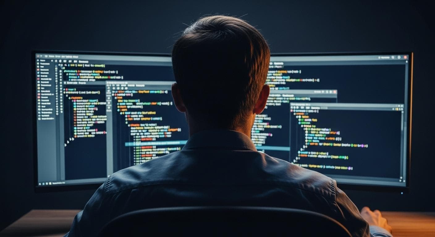 A conceptual, artistic photograph of a software developer from behind, sitting in a dimly lit room, their intense focus on multiple glowing terminal windows displayed on a large monitor.