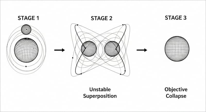 A diagram illustrating Objective Reduction: a sphere in two places at once (superposition) creates two separate spacetime curvatures, which then spontaneously resolve into a single, stable state.