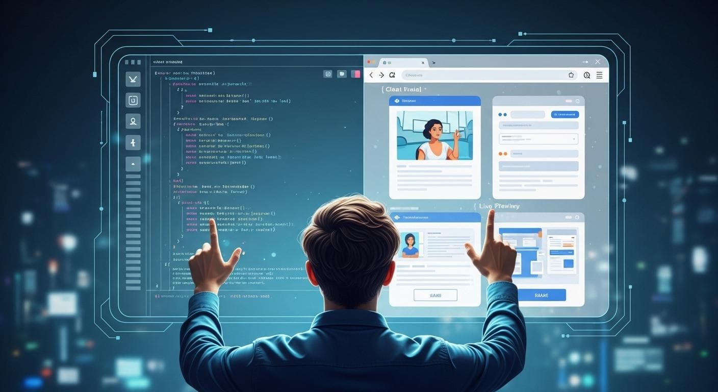 A conceptual image of a developer interacting with AI on a large, futuristic transparent screen, simultaneously viewing generated code and the resulting visual design.