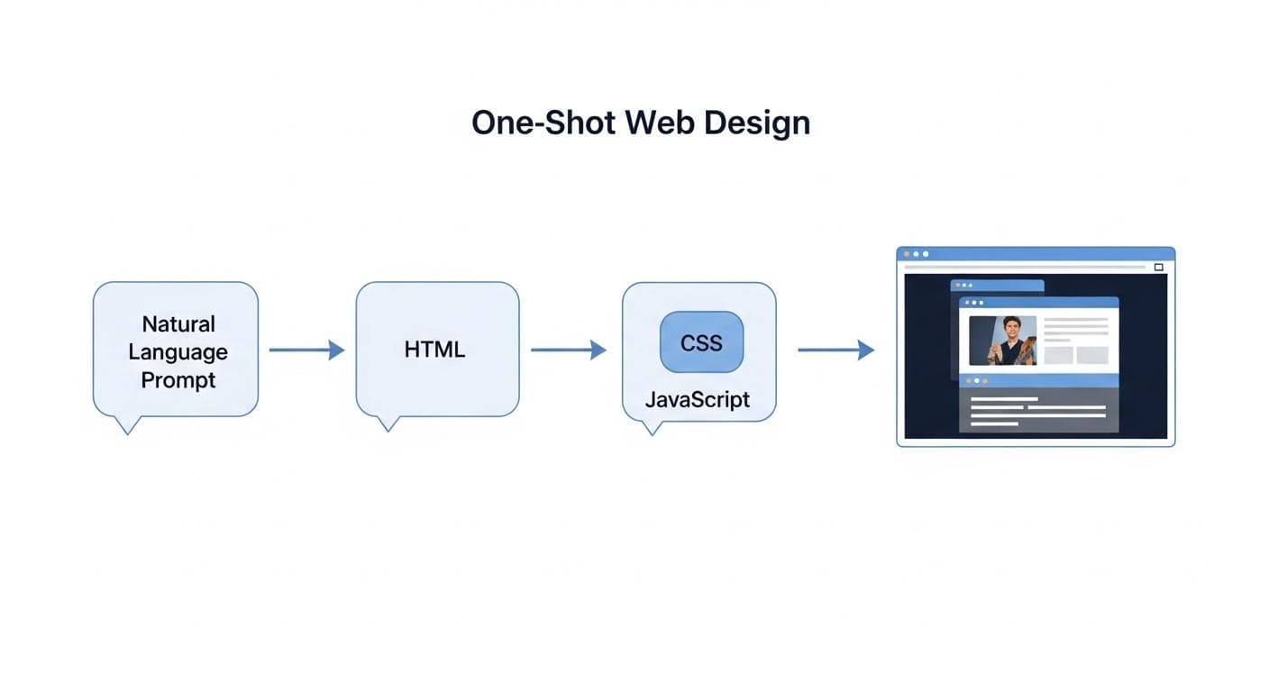 A diagram illustrating the 'One-Shot Web Design' concept, showing a single text prompt on the left branching out to generate HTML, CSS, and JavaScript files, and a final, fully-rendered interactive website on the right.