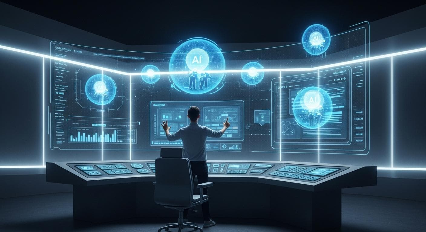 A futuristic image representing the future of software development, where a single developer uses a holographic interface to orchestrate multiple AI agents building a complex application.