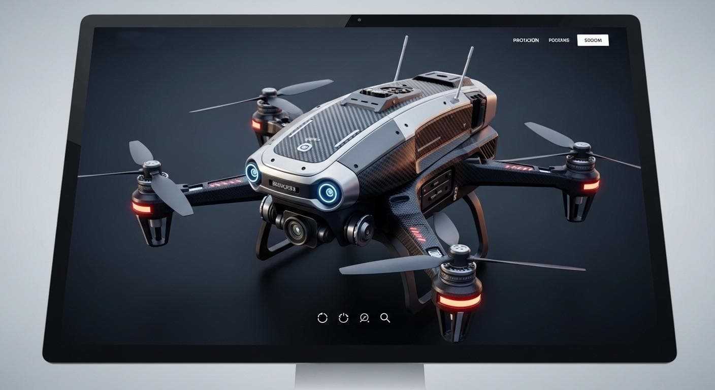 An interactive 3D product viewer on a website, showcasing a detailed model of a futuristic drone that users can rotate and inspect against a clean, minimalist background.
