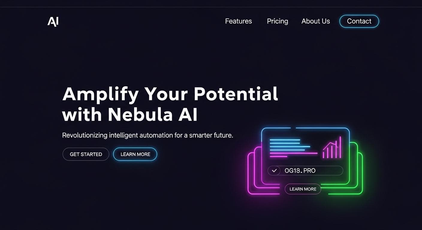 A sleek and professional AI-generated landing page for a fictional SaaS product, featuring a dark mode theme with glowing neon text and smooth, animated UI elements.