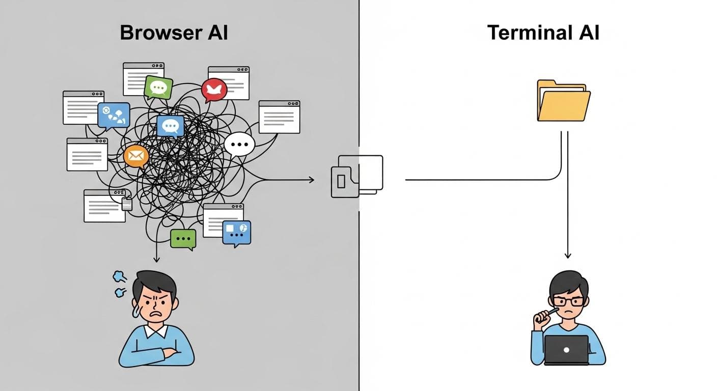A diagram showing two paths. On the left, 'Browser AI' depicts a tangled mess of chat bubbles and browser tabs leading to a frustrated user. On the right, 'Terminal AI' shows a clean, single line from a project folder to a happy user, representing a streamlined workflow.