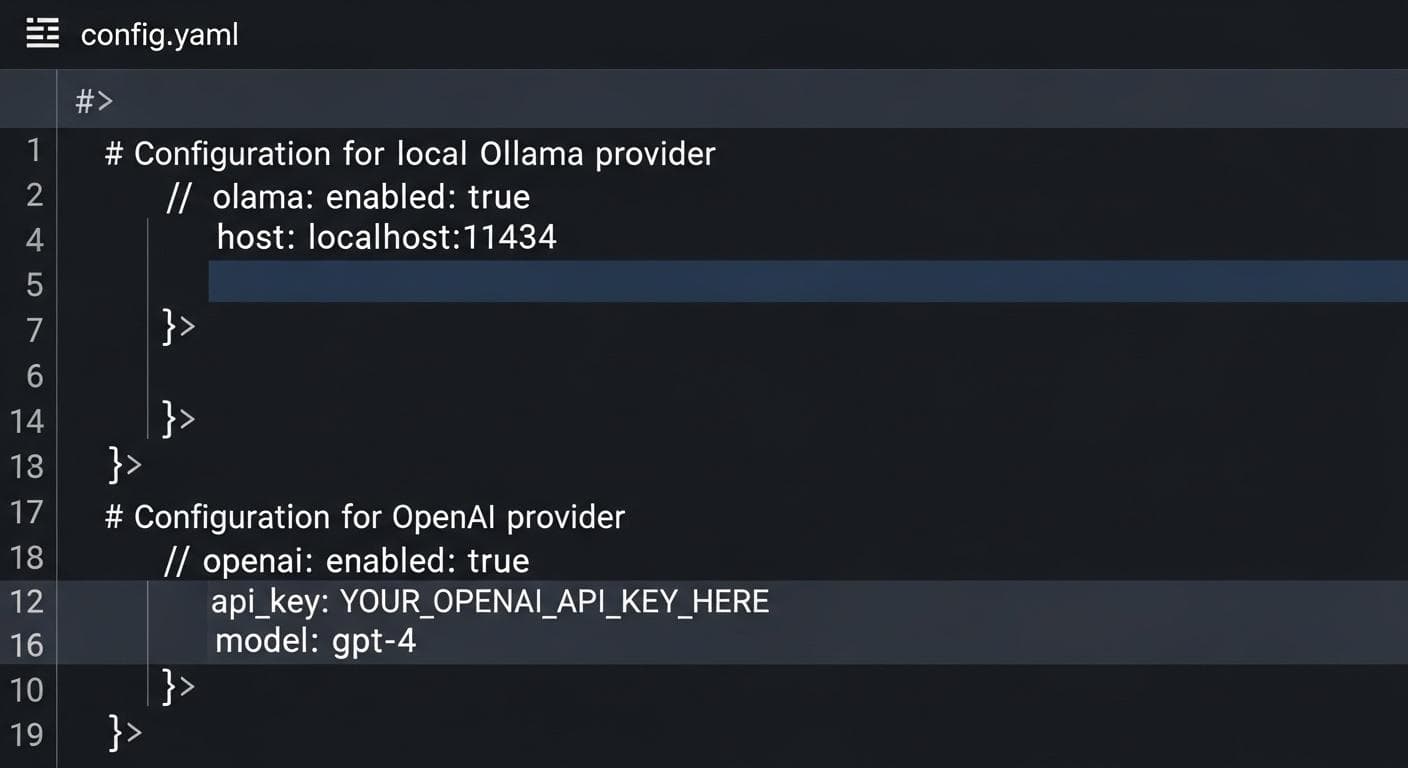 A clean screenshot of a code editor showing a 'config.yaml' file. The YAML code is well-formatted with comments explaining how to add a local Ollama model and an OpenAI API key.