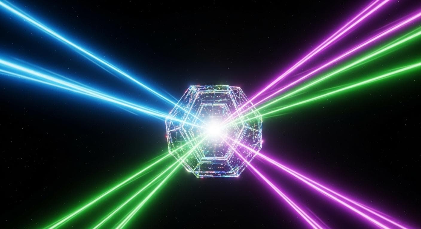 A highly artistic and cinematic shot showing three distinct beams of colored light (blue, purple, green) converging on a single, glowing data crystal, symbolizing multiple AIs collaborating on a single project.