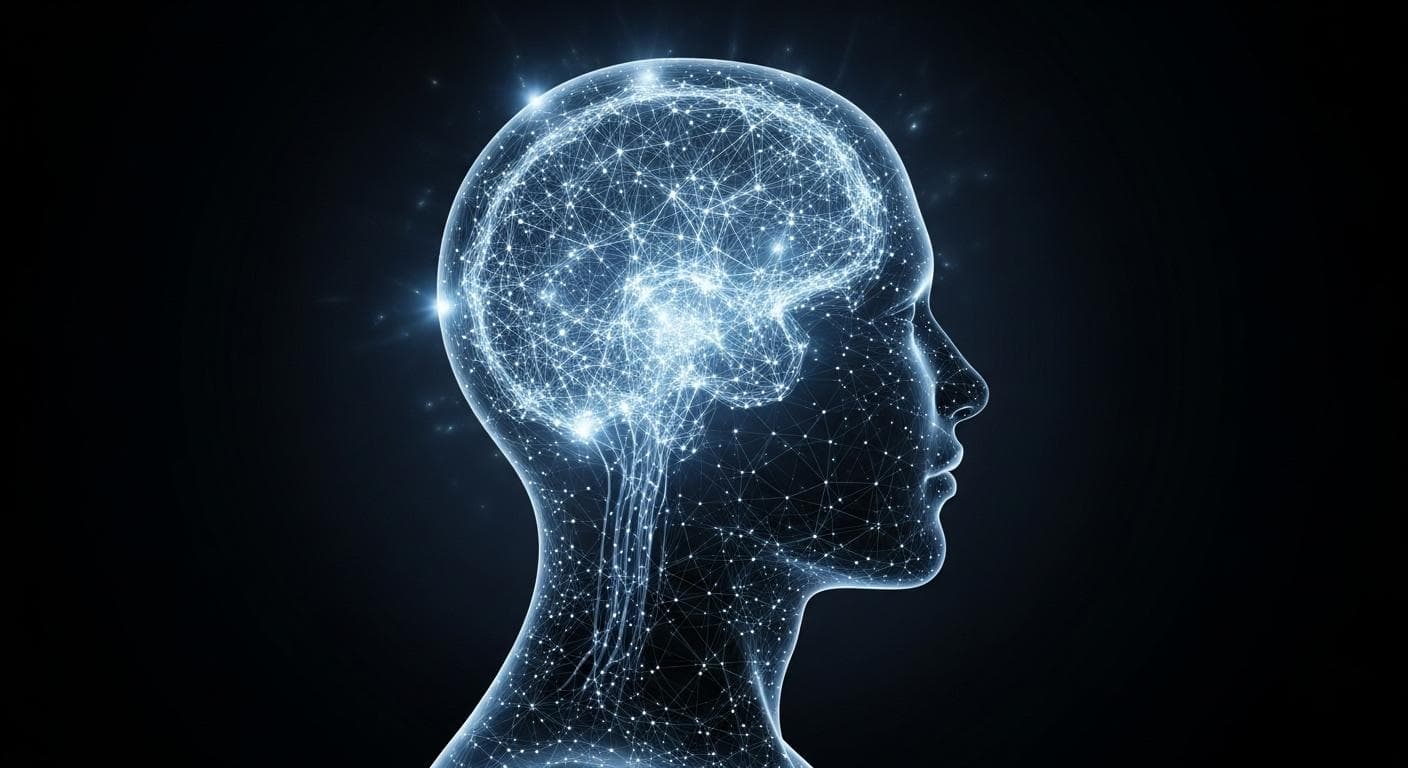 An abstract conceptual image representing a person's thoughts being organized. Glowing nodes and lines connect within a translucent silhouette of a head, symbolizing the mental clarity of an owned AI workflow.