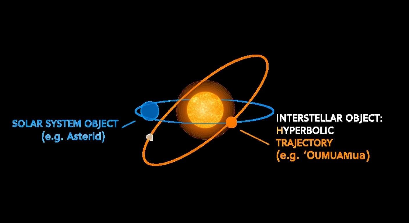 A scientific diagram explaining the difference between orbits. One line shows a closed, elliptical orbit of a planet around a central star. A second, sweeping line shows the open, hyperbolic trajectory of an interstellar object like 'Oumuamua passing through the system.