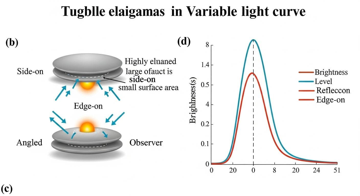 An infographic diagram showing a long, cigar-shaped object tumbling through space. Arrows indicate the rotation, and a graph below shows how the reflected sunlight peaks when the long side is visible and dips when the short end is visible, creating a variable light curve.
