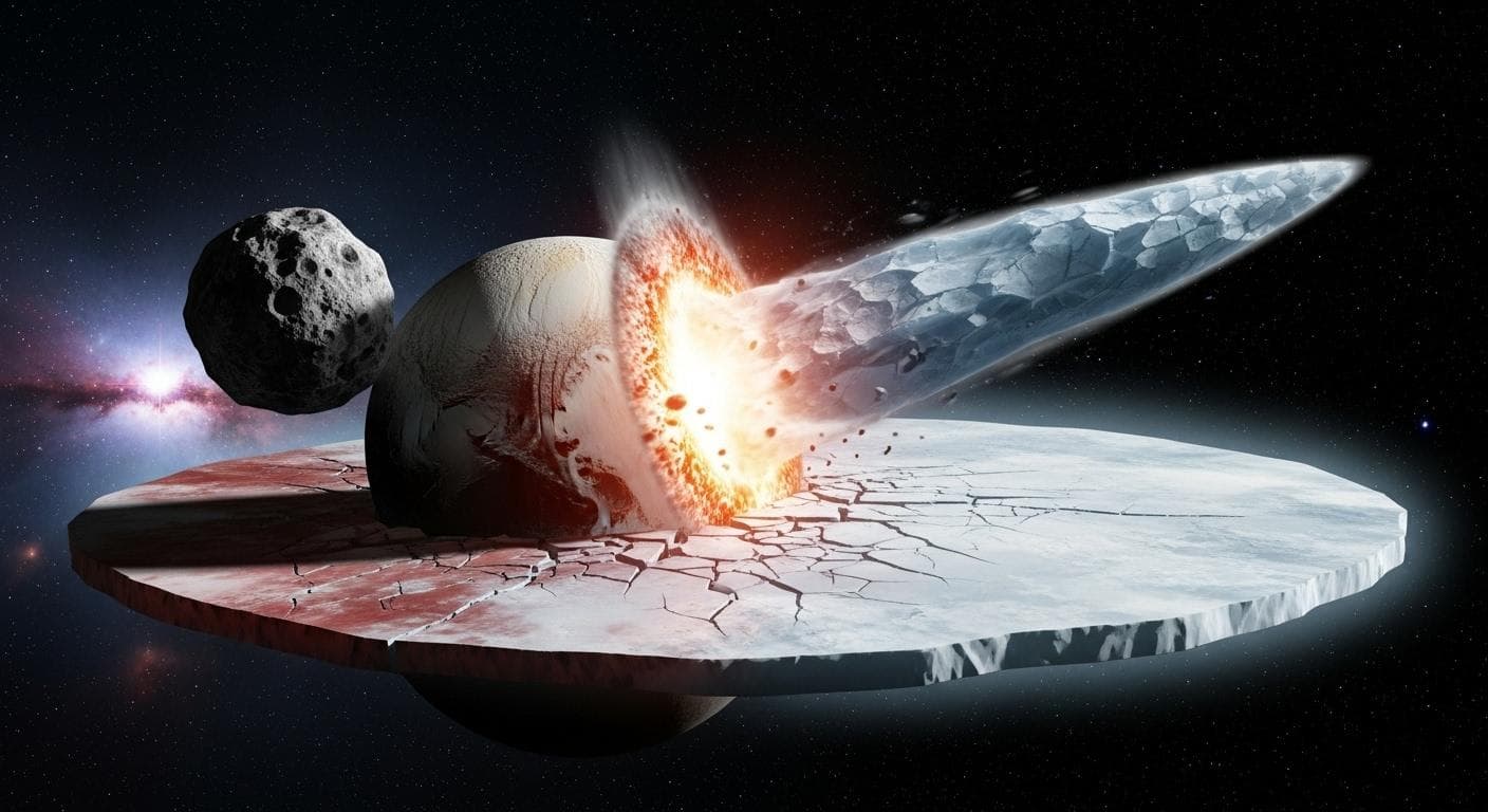 A conceptual illustration showing a massive collision in a distant star system. A large impactor strikes a Pluto-like dwarf planet covered in nitrogen ice, sending a long, shard-like fragment flying off into deep space.