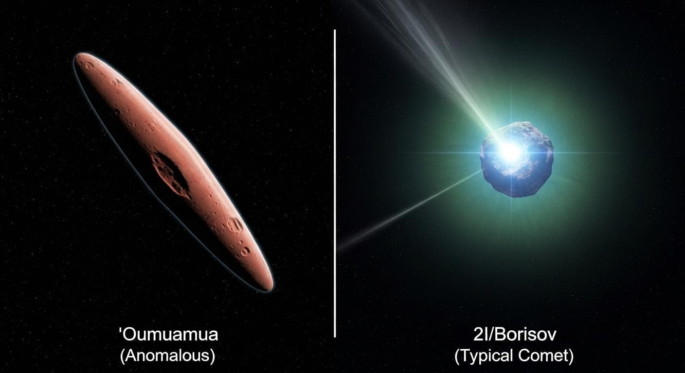 A comparative diagram showing two interstellar objects. On the left, a sleek, reddish, cigar-shaped 'Oumuamua with no visible tail. On the right, the interstellar comet 2I/Borisov is depicted with a bright, fuzzy coma and a long, dusty tail streaming behind it.