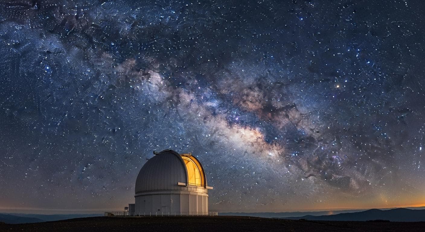 An artistic rendering of the Pan-STARRS observatory dome on a mountaintop at night, with the brilliant band of the Milky Way galaxy stretching across the sky above it.