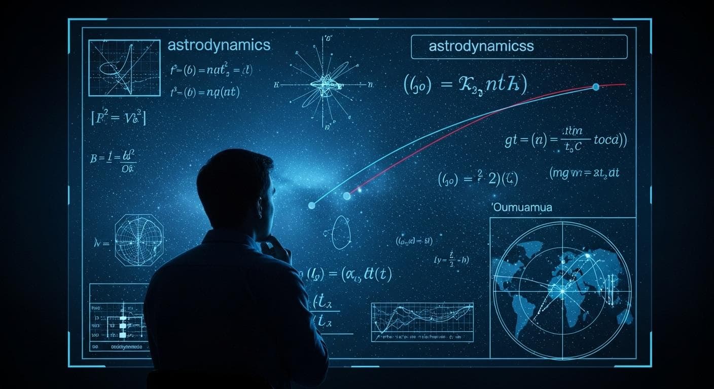 A conceptual image of a thoughtful astrophysicist, seen from behind and silhouetted, looking at a complex equation for orbital mechanics on a vast, futuristic transparent screen displaying star charts.