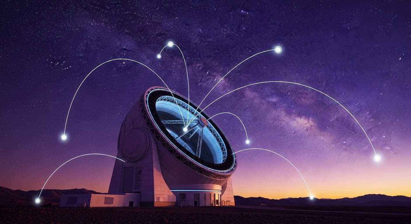 A futuristic vision of the Vera C. Rubin Observatory in Chile at dusk, its large aperture open to the sky as data streams are visualized as light connecting it to the stars, symbolizing the hunt for interstellar objects.