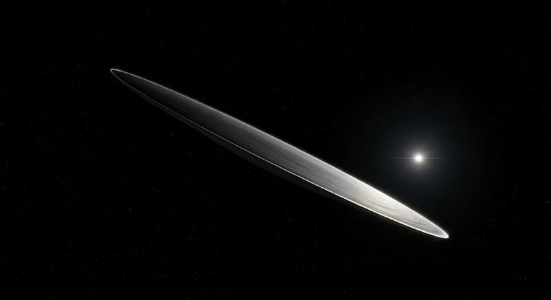 An abstract image representing the Oumuamua object, depicted as a thin, reflective, disc-like shape tumbling through the dark void of space with the sun in the background.