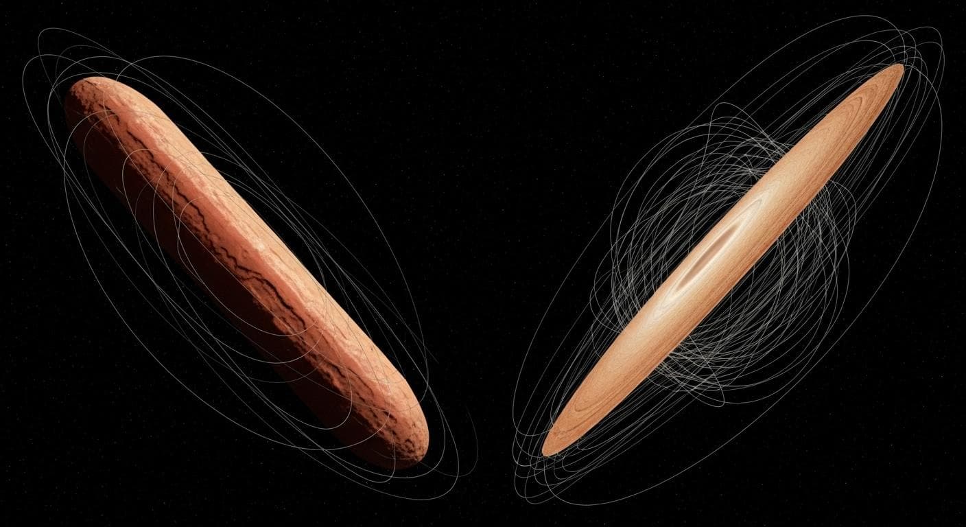 An artistic comparison of the two leading theories for 'Oumuamua's shape, showing a long, dark red cigar-shaped object tumbling on one side and a thin, metallic, disc-shaped object tumbling on the other against the backdrop of deep space.