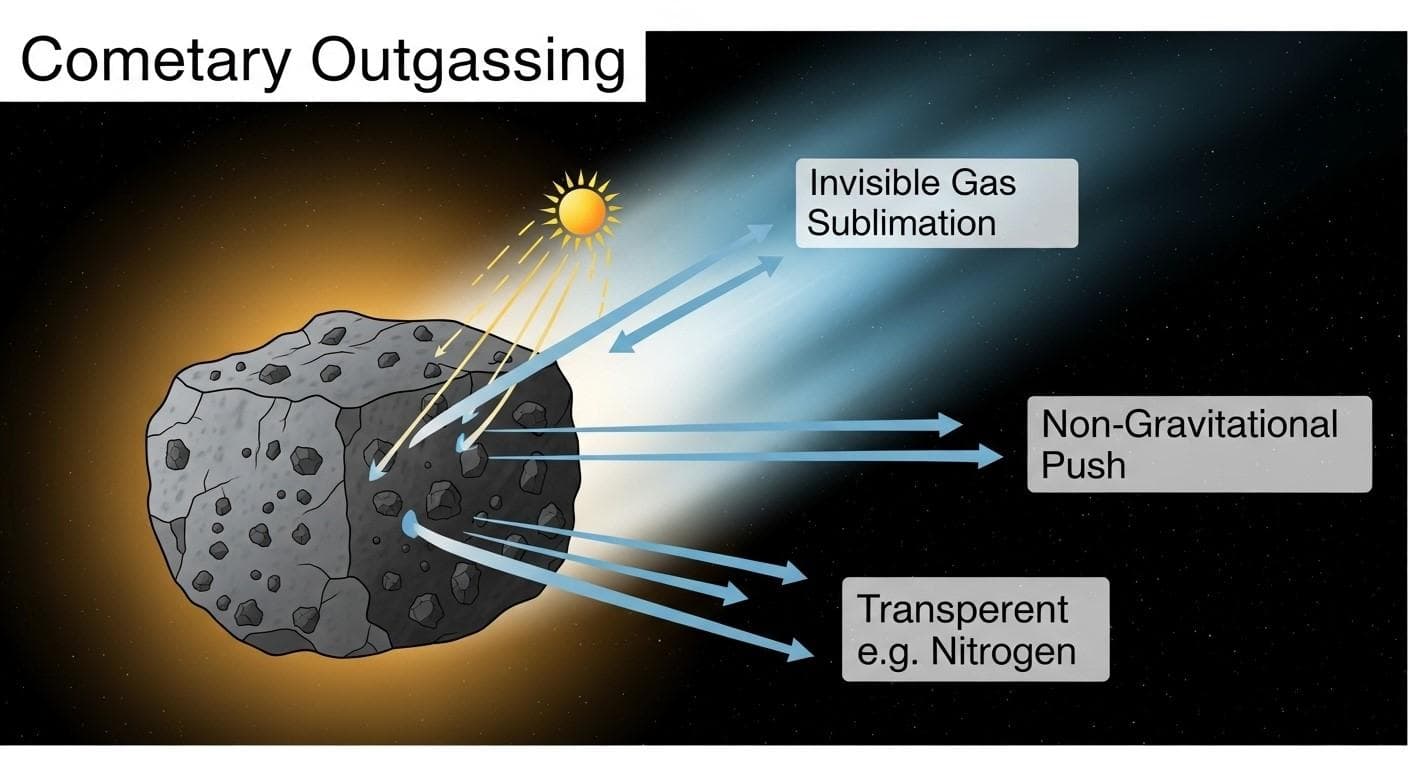 A diagram showing the process of sublimation, with sunlight hitting an icy comet. Invisible gas jets are shown erupting from the surface, pushing the comet forward. A text box explains 'Outgassing acts like a natural thruster'.