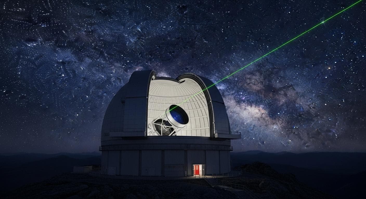A futuristic astronomical observatory on a remote, dark mountaintop at night. Its dome is open to a sky filled with stars and the Milky Way, with laser guide stars shooting into the cosmos, symbolizing the search for future interstellar visitors.