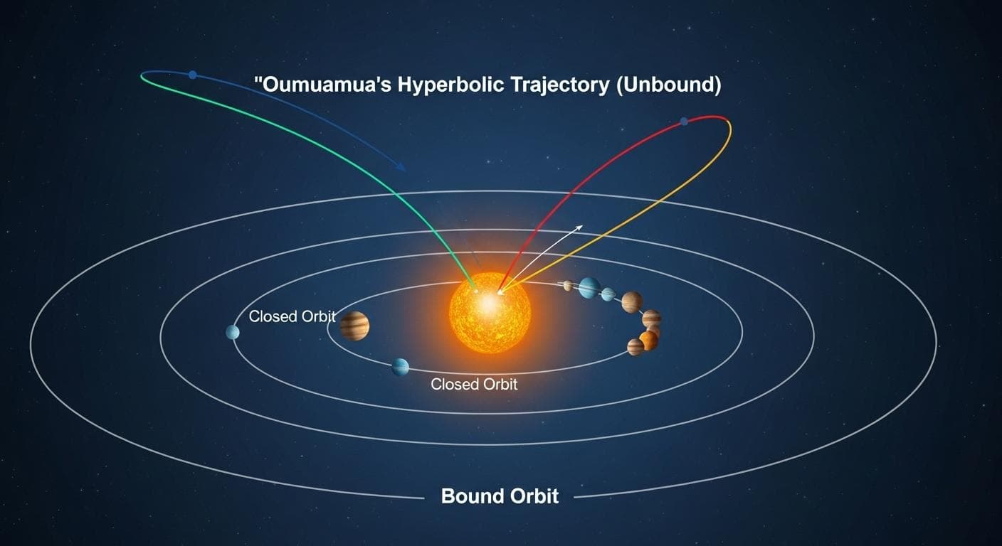 A diagram showing the solar system with planets in circular orbits and a bright red line depicting 'Oumuamua's sharp, open-ended hyperbolic trajectory, clearly showing it entering from one direction and exiting in another without being captured by the sun's gravity.