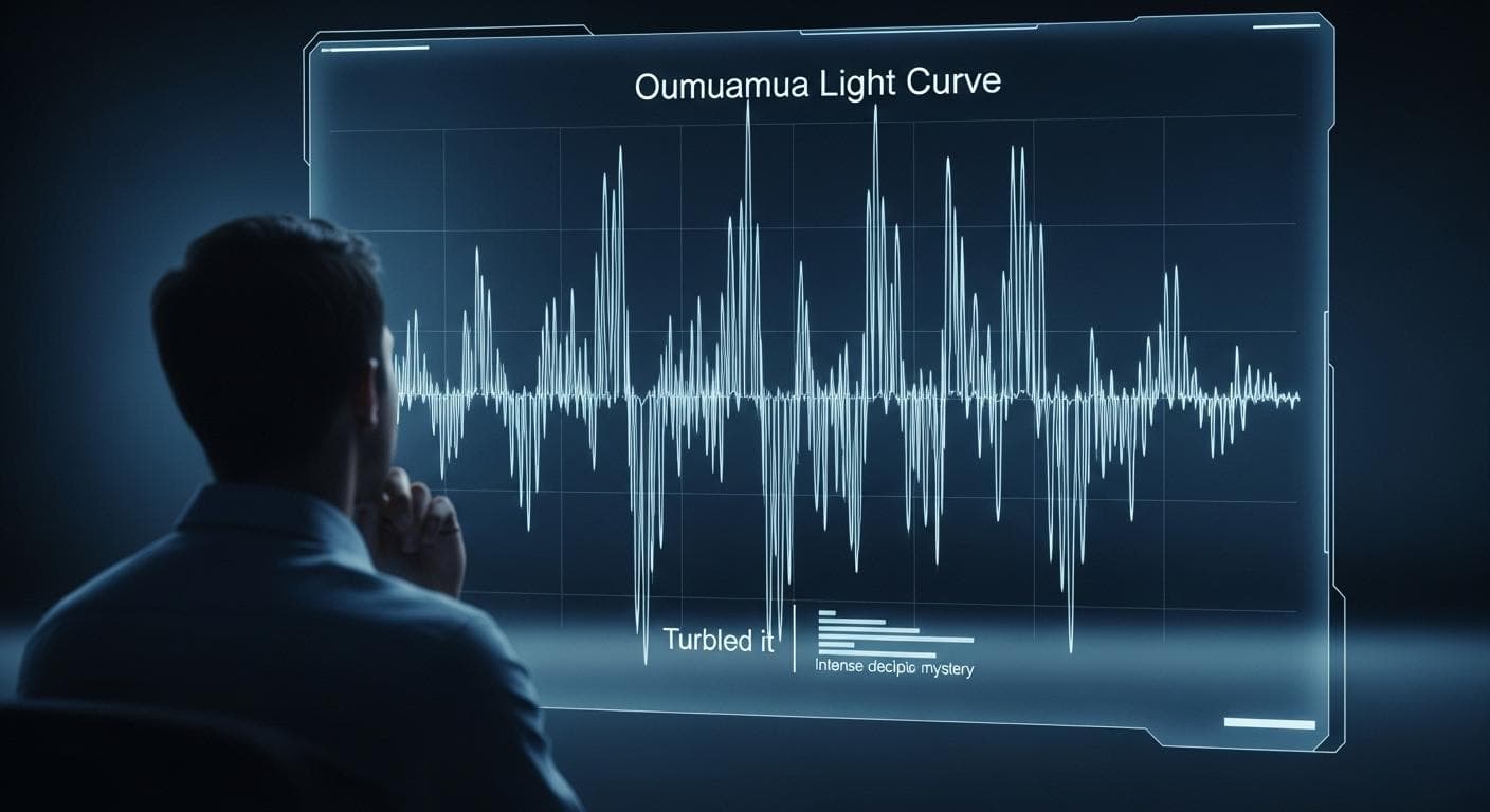 A conceptual shot of a thoughtful astrophysicist, seen from behind, looking at complex light curve data on a futuristic transparent screen. The graph on the screen shows the distinctive, repetitive pulsing of 'Oumuamua's brightness.