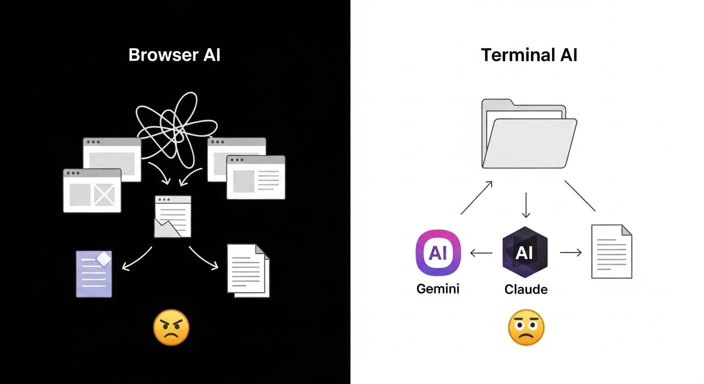 A diagram comparing the chaotic browser AI workflow with multiple scattered chats to the streamlined terminal AI workflow centered around a single project folder.