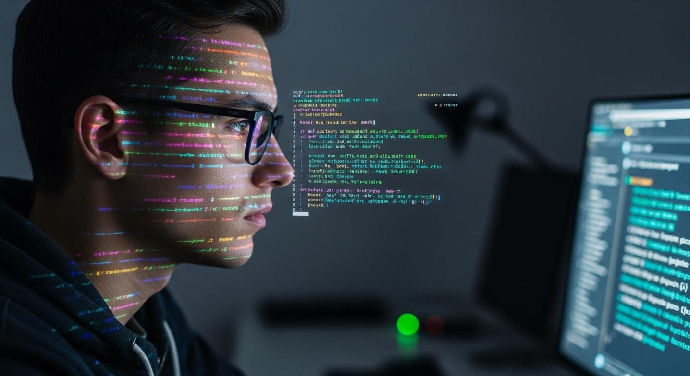 A focused professional working in a dark room, their face illuminated by the text on their terminal screen, representing deep work with command-line AI tools.