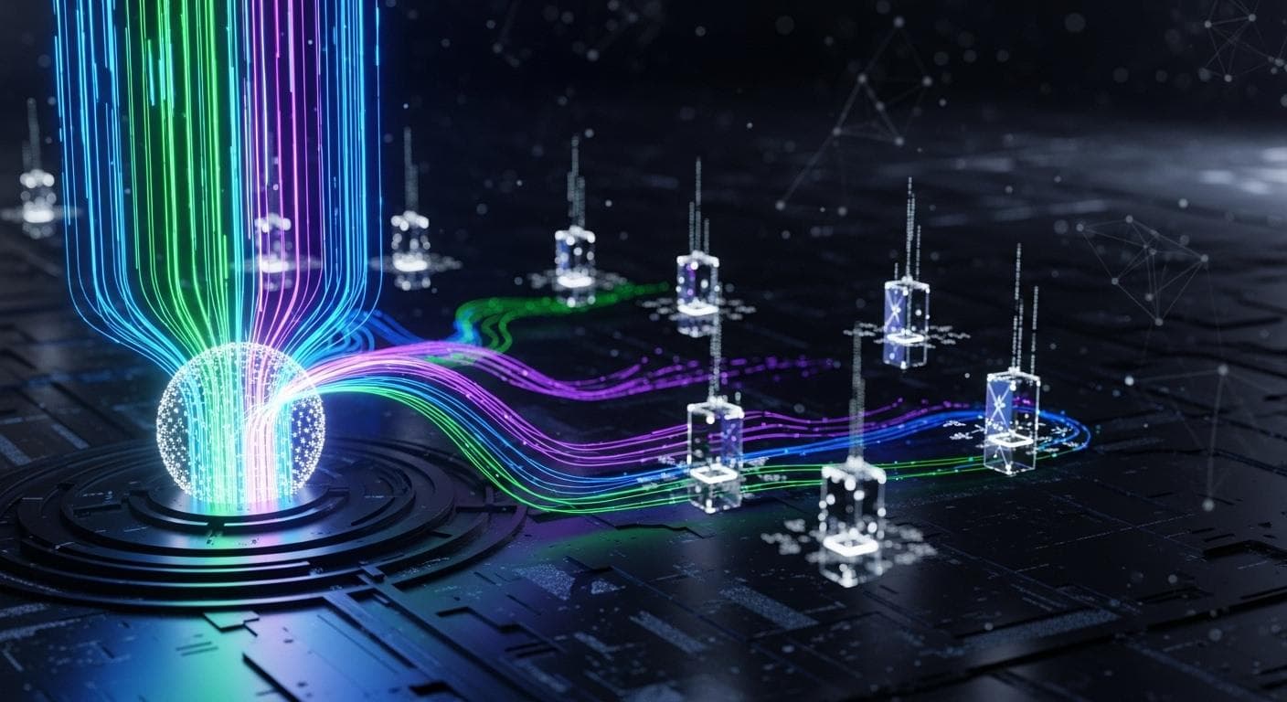 An abstract visualization of multiple AI agents working in parallel, shown as glowing streams of data processing tasks simultaneously.