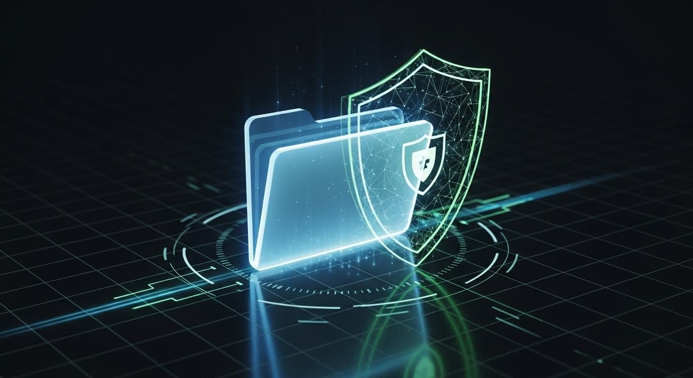 A symbolic image representing AI security, showing a digital folder protected by a glowing shield, illustrating the importance of sandboxing and permissions.
