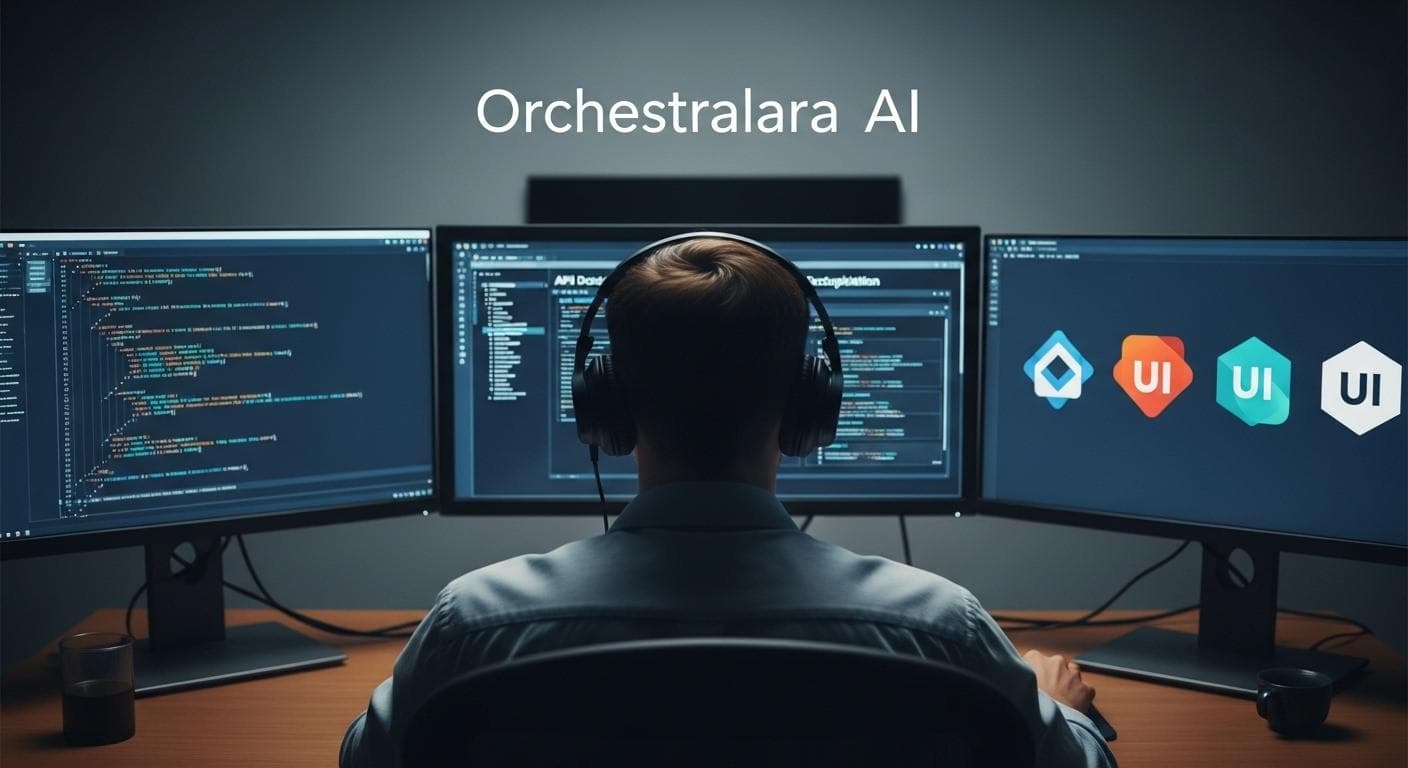 A developer viewed from behind, orchestrating a complex project across multiple monitors displaying code, API research, and UI designs simultaneously, representing the new role in AI-assisted development.
