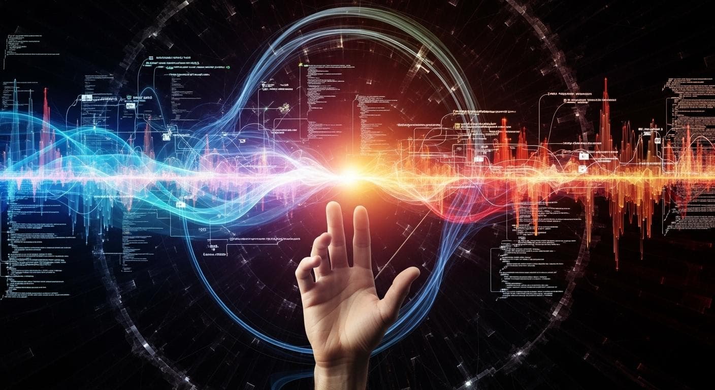 An abstract artistic image of a human hand conducting streams of light that form into code, symbolizing the creative orchestration of parallel AI agents in software development.