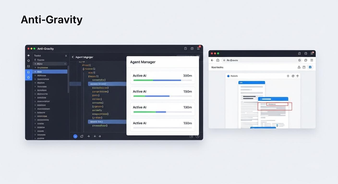 A concept image of the Google Anti-Gravity interface, showcasing its three main pillars: the code editor, the agent manager, and the integrated browser, all in one clean UI.