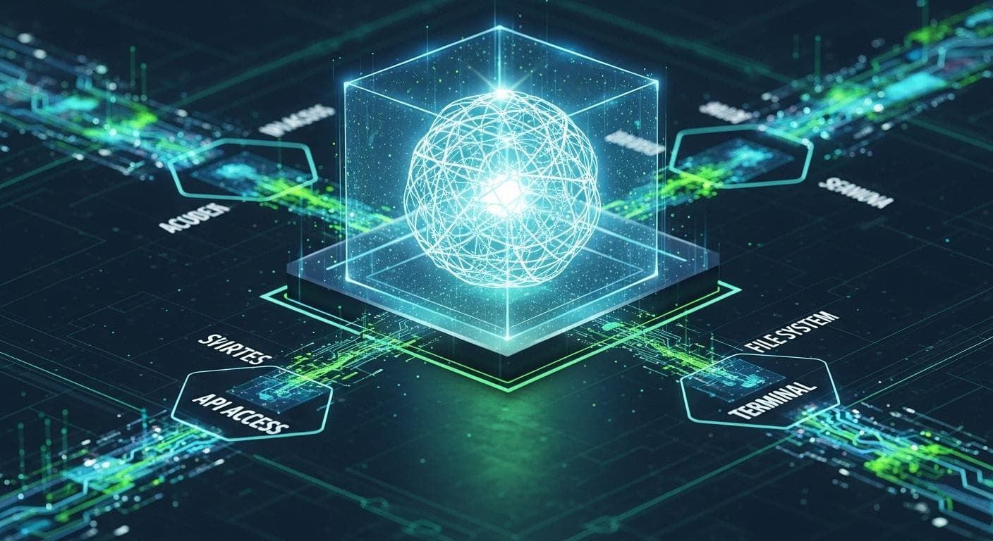 A conceptual illustration of a secure AI agent sandbox, showing an AI core contained within a semi-transparent hexagonal force field, representing a controlled environment for safe operation.