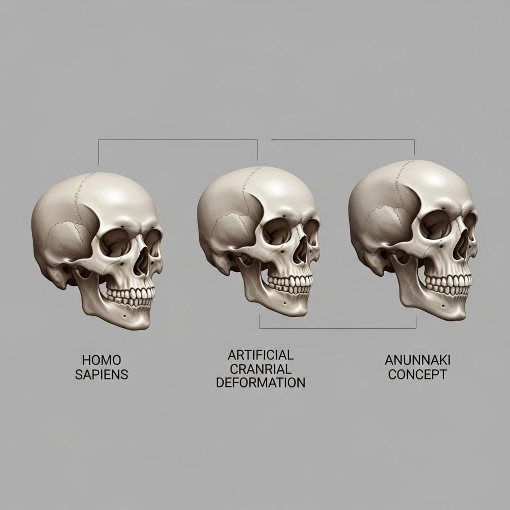 A conceptual infographic comparing three skulls side-by-side: a modern human skull labeled 'Homo Sapiens,' an artificially elongated Paracas skull labeled 'Cranial Deformation,' and a larger, artistically rendered alien skull labeled 'Anunnaki Concept.' 