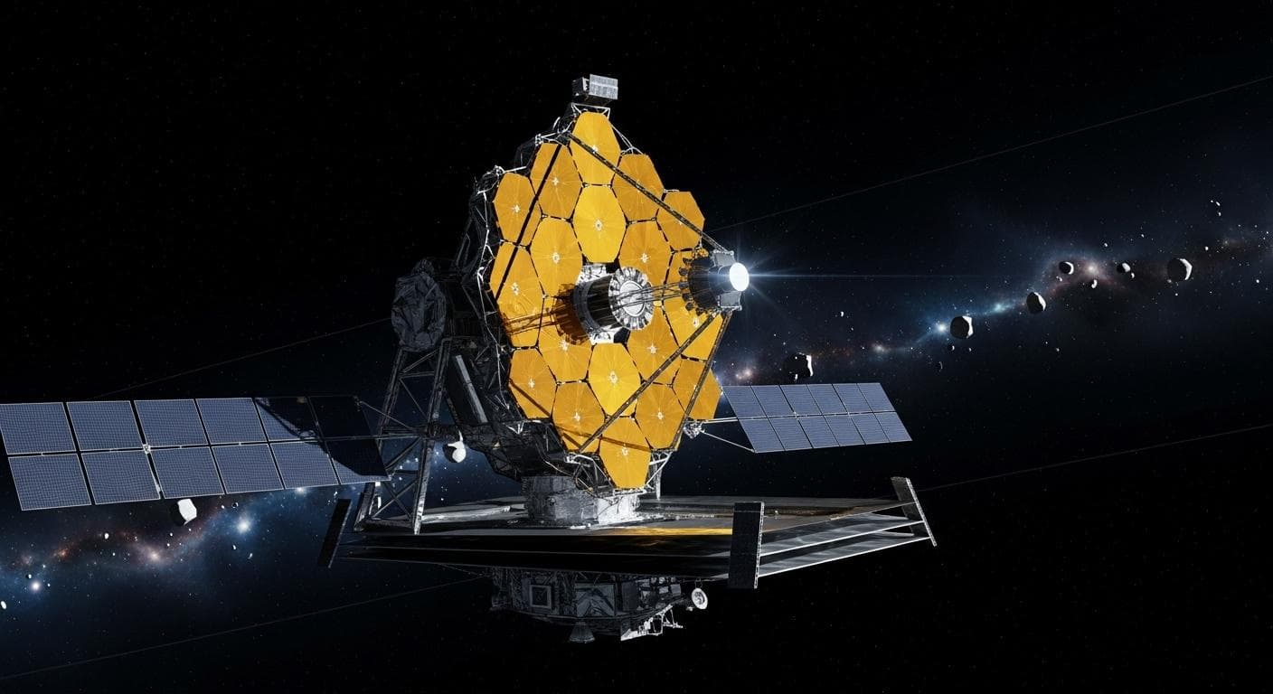 A futuristic space observatory, with complex arrays and a massive primary lens, floats in the blackness of deep space, aimed at the dark outer rim of the solar system where Planet 9 is thought to hide.