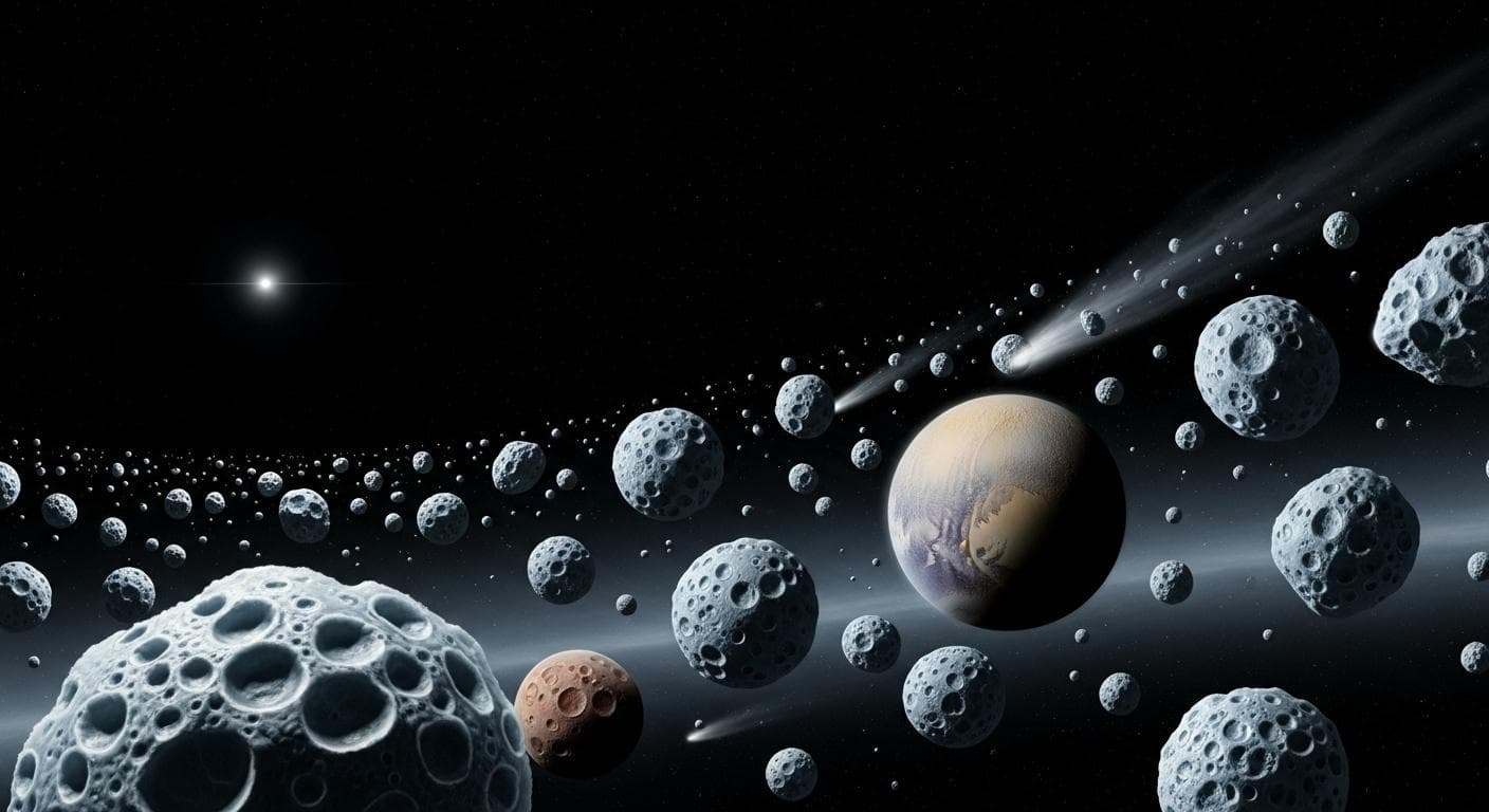 A breathtaking artistic rendering of the Kuiper Belt, with countless icy asteroids and dwarf planets drifting in the darkness, illuminated by the distant, tiny sun.