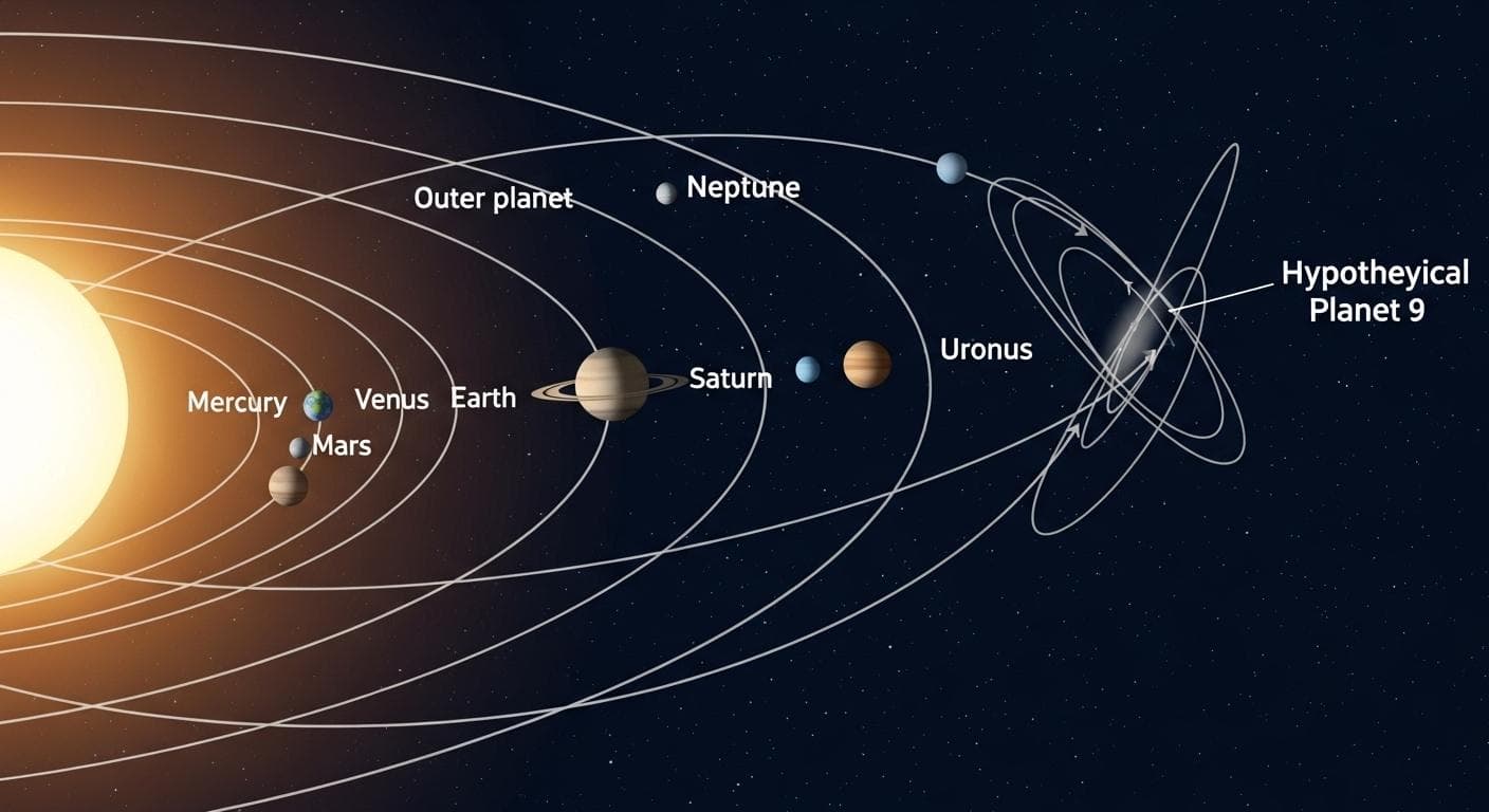 An infographic comparing the orbits of the inner solar system planets with the long, elliptical orbit of a hypothetical Planet 9, which stretches far out into the Kuiper Belt.