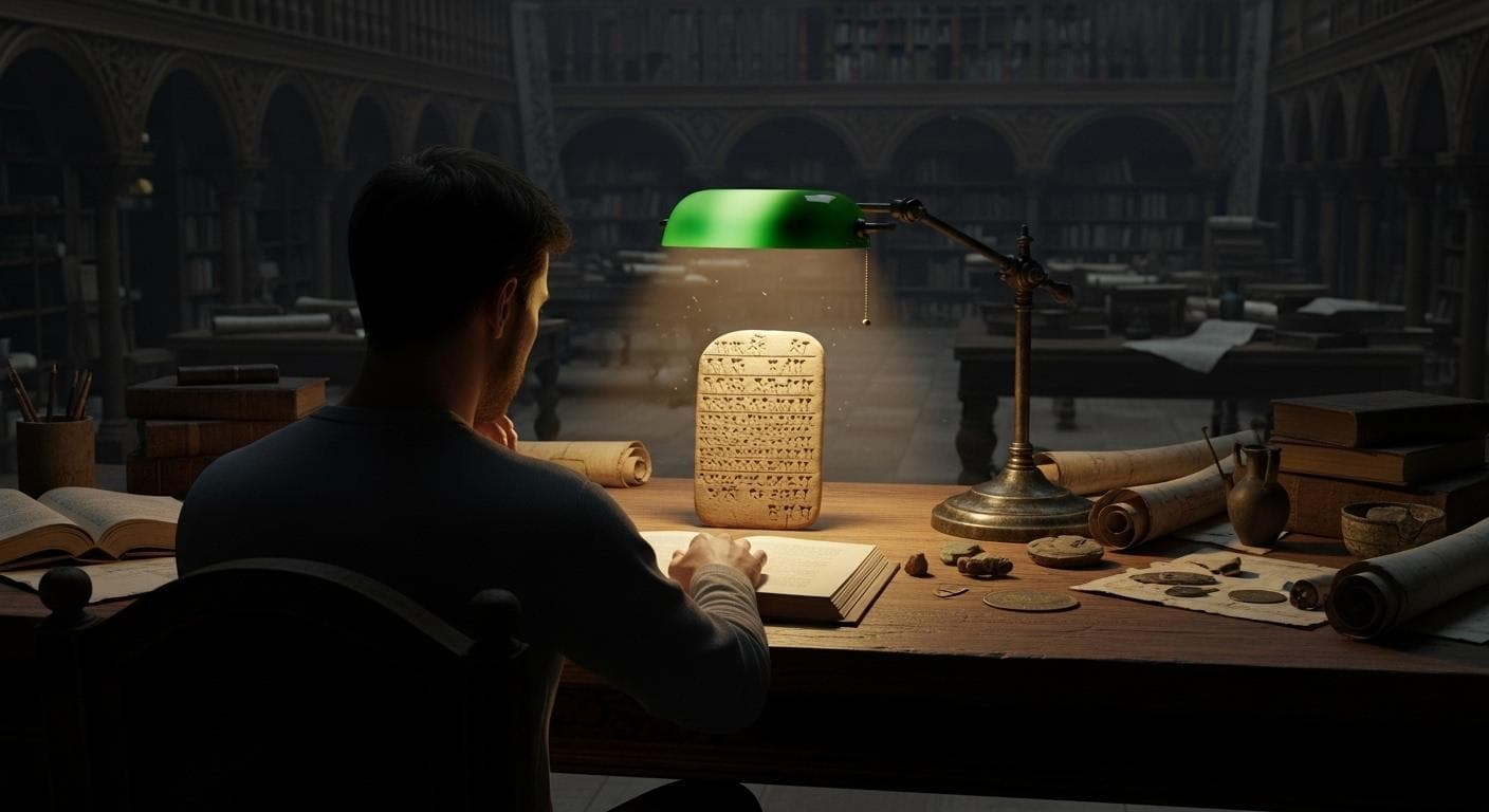 A thoughtful scholar, seen in silhouette, sits in a dimly lit library filled with ancient scrolls and artifacts, examining a Sumerian cuneiform tablet under the focused beam of a desk lamp.